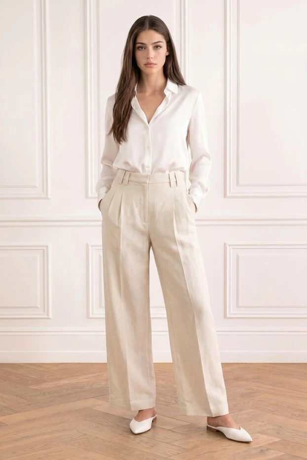 Brunello Cucinelli women's white wide-leg trousers made of viscose and linen 195012 - photo 1