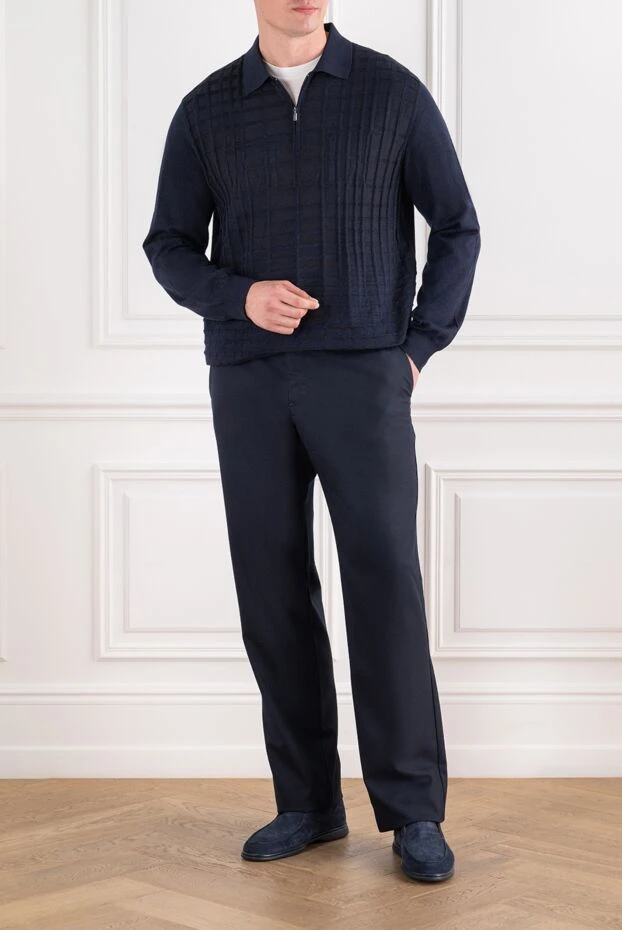 Zilli blue knit polo shirt with a textured geometric pattern and a logo on the zipper 195254 - photo 2