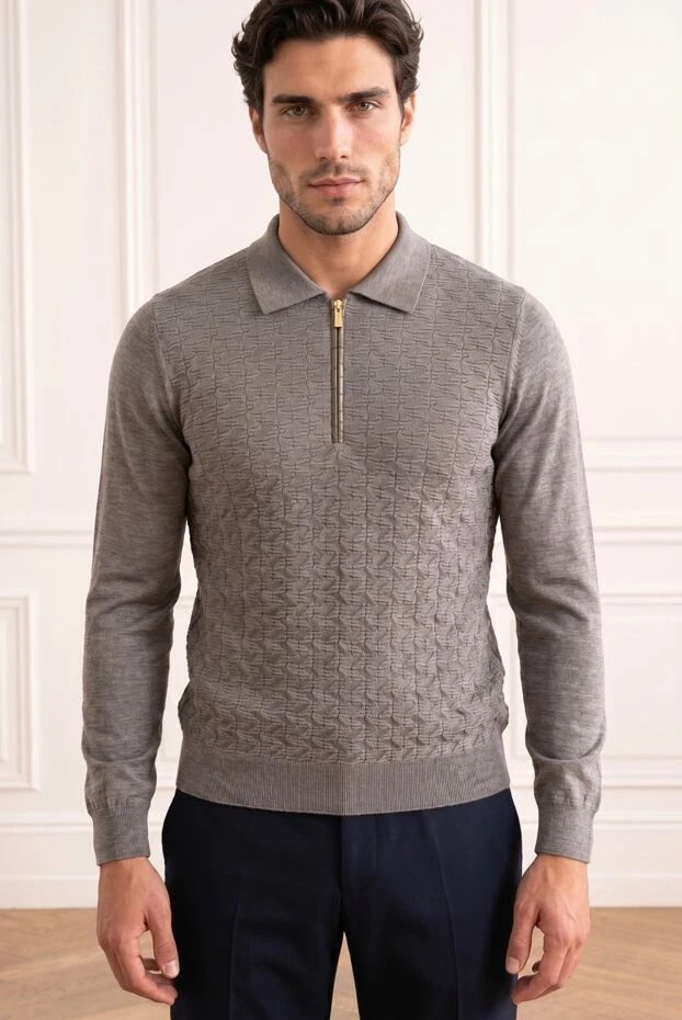 Zilli gray knitted polo shirt with a textured pattern and leather zipper trim 195351 - photo 1