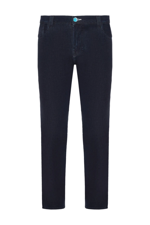 Men's dark blue skinny jeans with a turquoise leather patch - photo 1