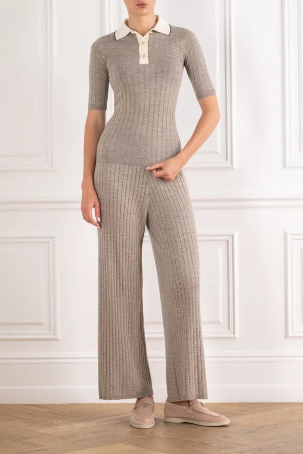 Brunello Cucinelli beige knit suit with ribbed polo shirt and wide-leg trousers 195460 - photo 2