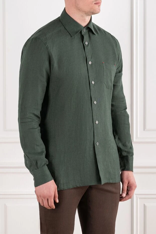 Kiton men's linen shirt in a deep emerald shade with a patch pocket 196473 - photo 3