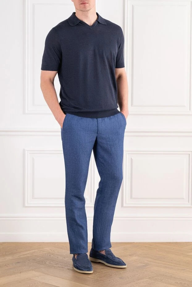 Cesare di Napoli bright blue premium linen drawstring trousers with creases 196601 - photo 2