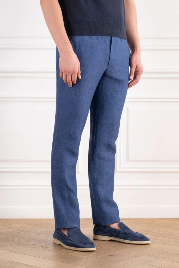 Cesare di Napoli bright blue premium linen drawstring trousers with creases 196601 - photo 3