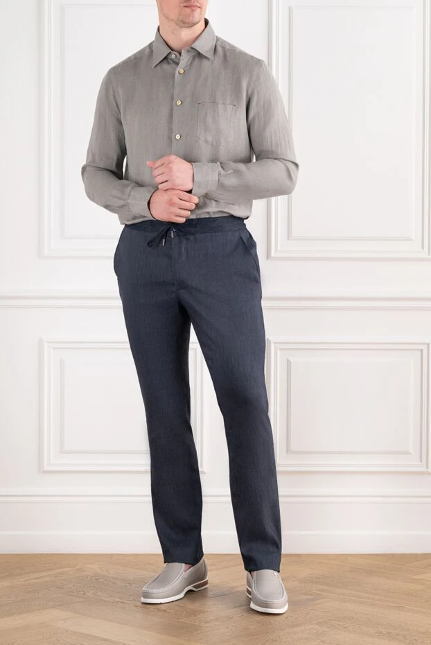 Cesare di Napoli navy blue linen trousers with a pleated waistband and adjustable drawstring 196615 - photo 2