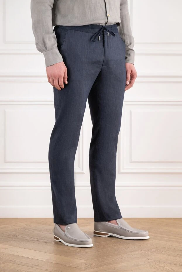 Cesare di Napoli navy blue linen trousers with a pleated waistband and adjustable drawstring 196615 - photo 3