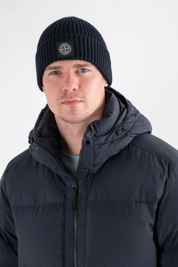 Stone Island men's navy blue ribbed cotton beanie hat with compass patch 196729 - photo 2