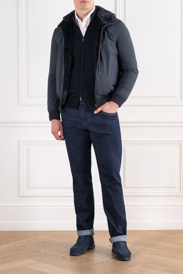 Men's blue bomber jacket with a fur-lined hood - photo 2