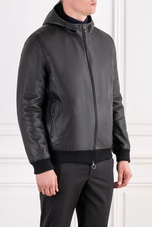 Seraphin black leather bomber jacket with a hood and knitted cuffs 197061 - photo 3
