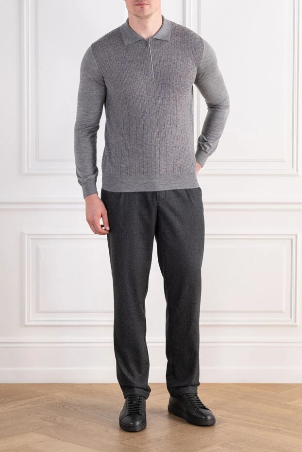 Zilli gray cashmere long sleeve polo shirt with crocodile trim 197434 - photo 2
