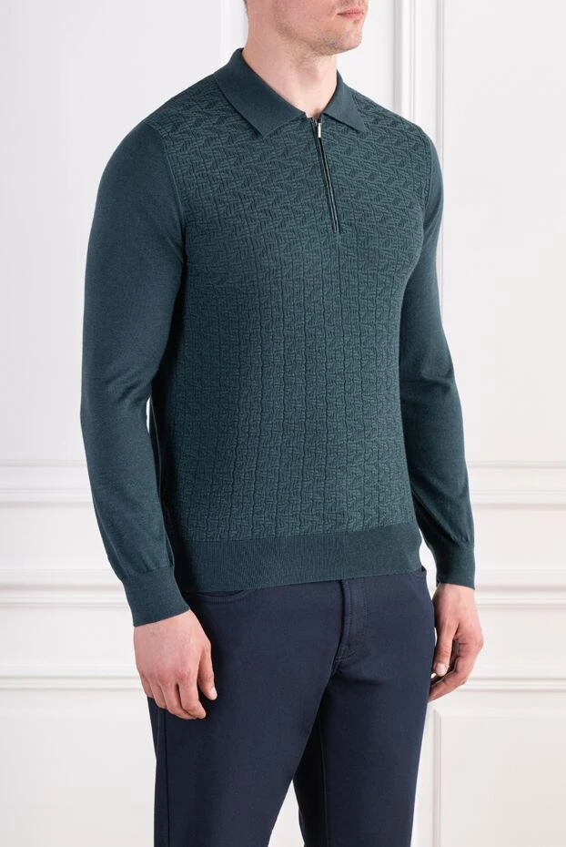 Zilli dark green long sleeve polo shirt in cashmere and silk with a 3d textured pattern 197436 - photo 3