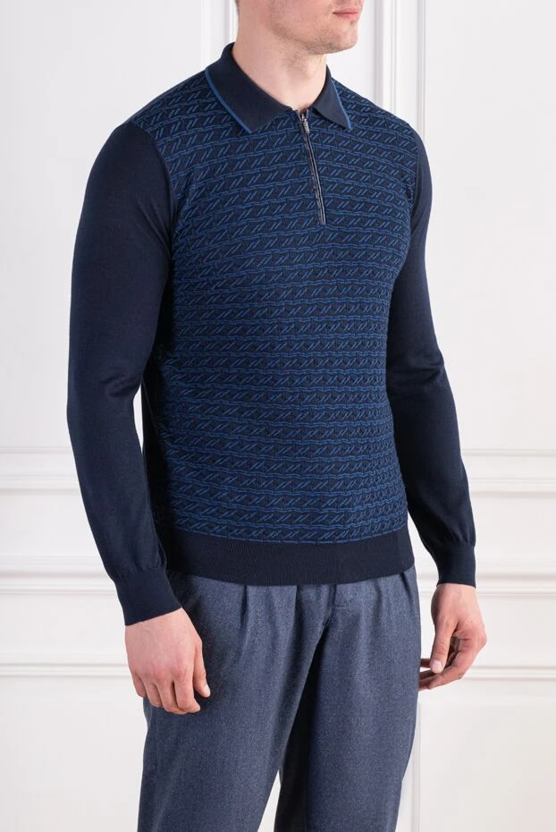 Zilli navy blue cashmere and silk long sleeve polo with textured cables 197437 - photo 3