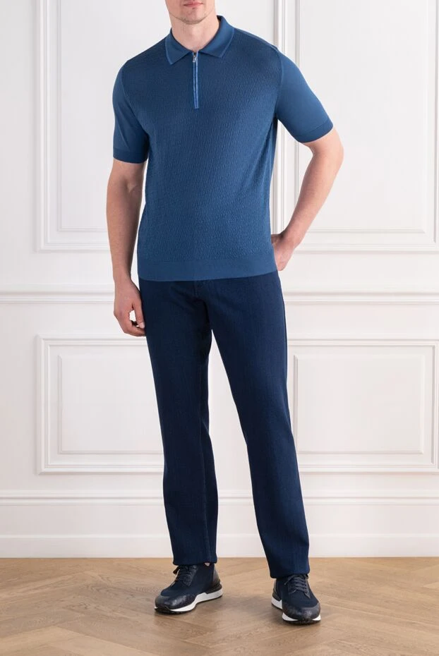 Zilli blue polo shirt with a raised pattern and crocodile leather trim 197440 - photo 2