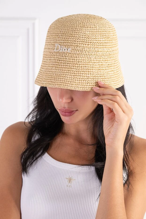 Dior women's beige straw bucket hat with contrasting logo embroidery 197488 - photo 2