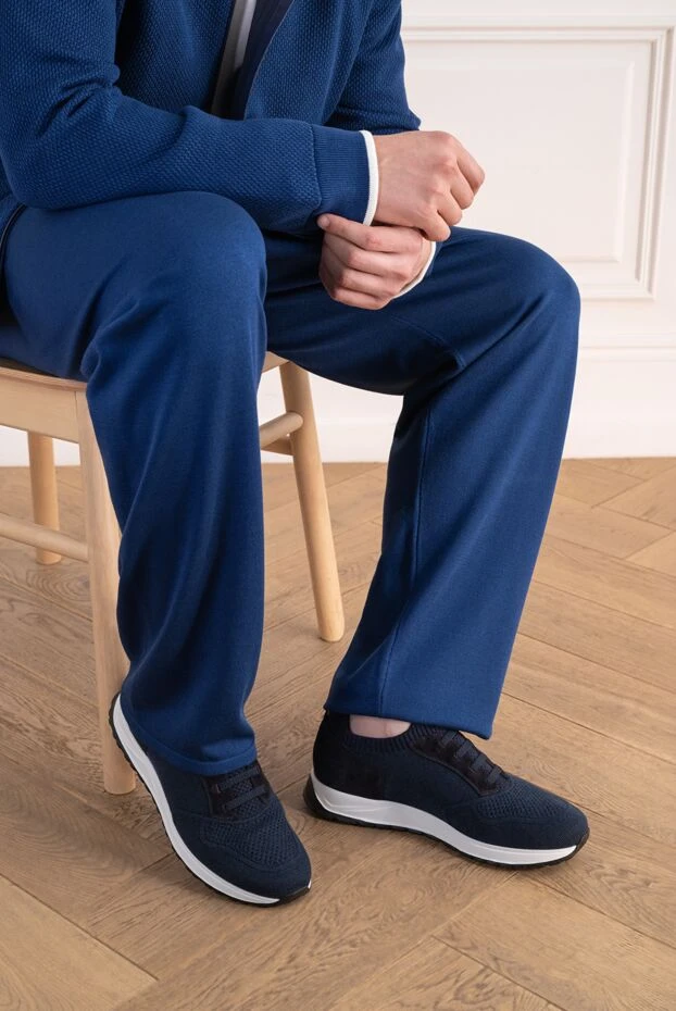 Doucal`s men's blue knit sneakers with a contrasting white sole 197564 - photo 2