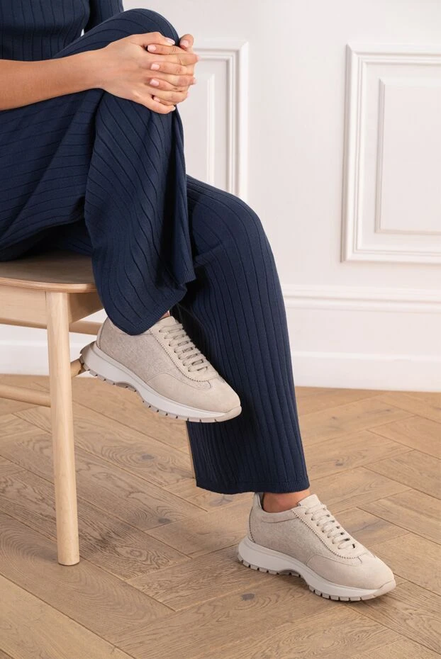 Doucal`s women's beige wool and suede combination sneakers 197585 - photo 2