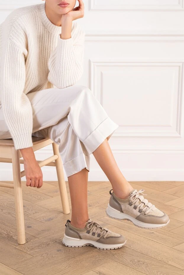 Doucal`s women's beige leather and wool combination sneakers 197587 - photo 2