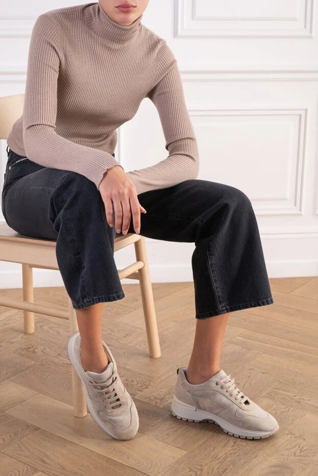 Doucal`s women's beige sneakers in wool fabric and matte suede 197590 - photo 2