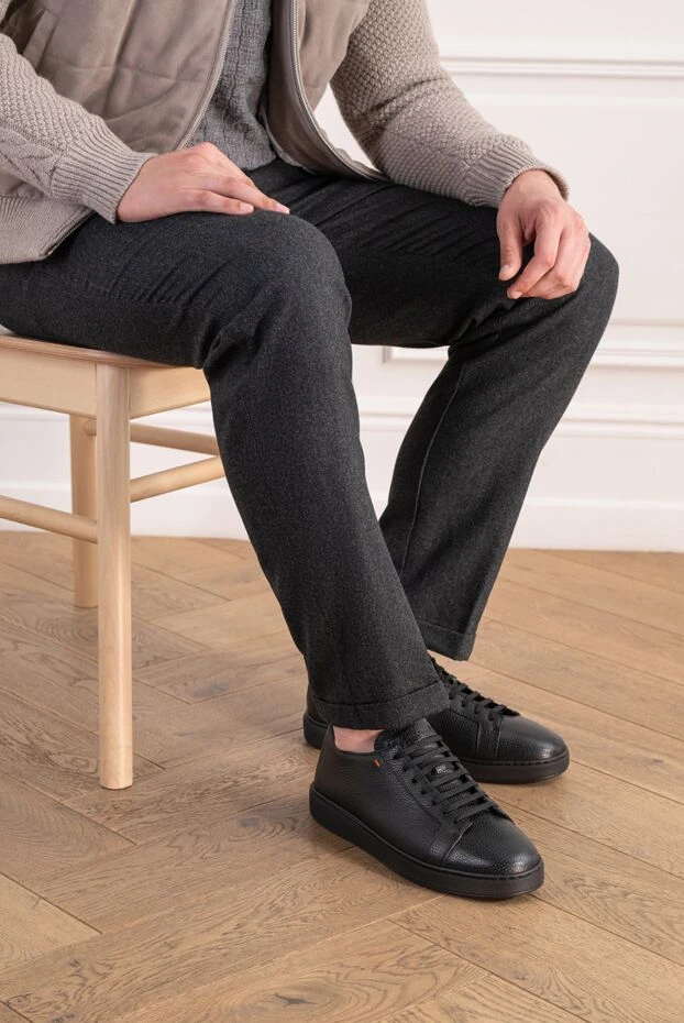 Santoni men's black leather sneakers with a grainy texture 197655 - photo 2