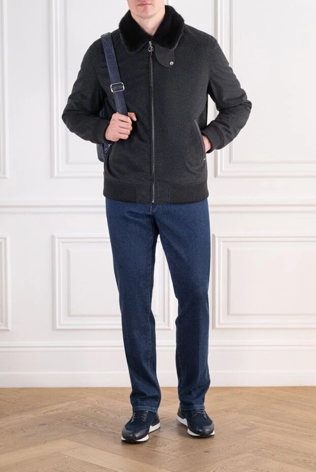 Seraphin black melange cashmere bomber jacket with a natural fur collar 197773 - photo 2