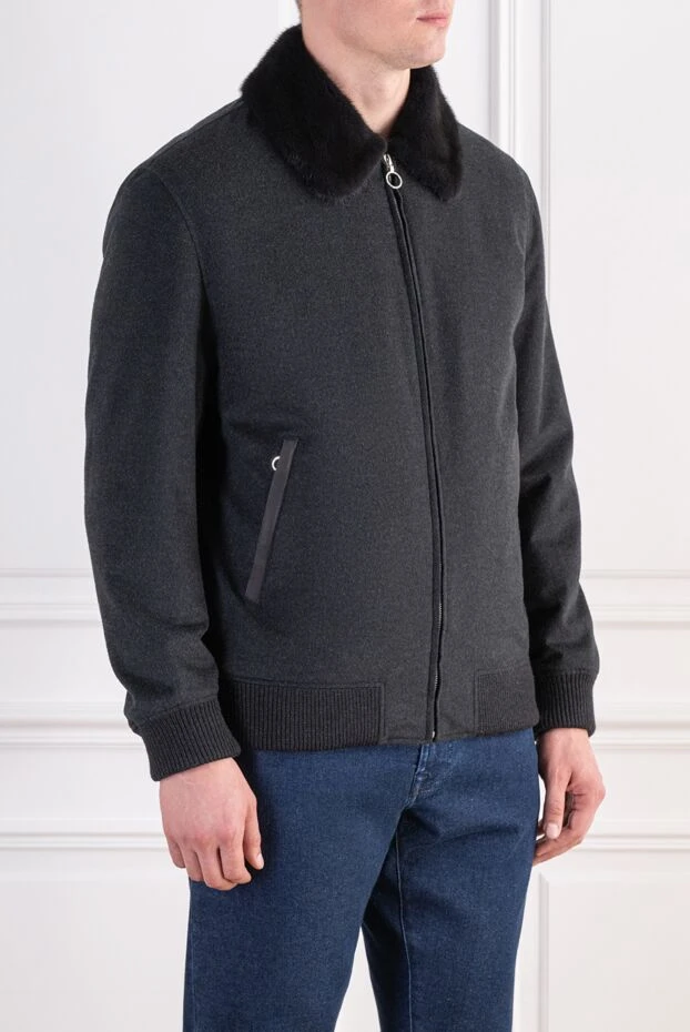 Seraphin black melange cashmere bomber jacket with a natural fur collar 197773 - photo 3
