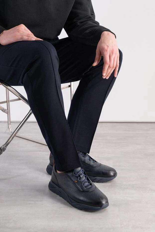 Santoni men's dark blue leather sneakers with hidden lacing 197815 - photo 2