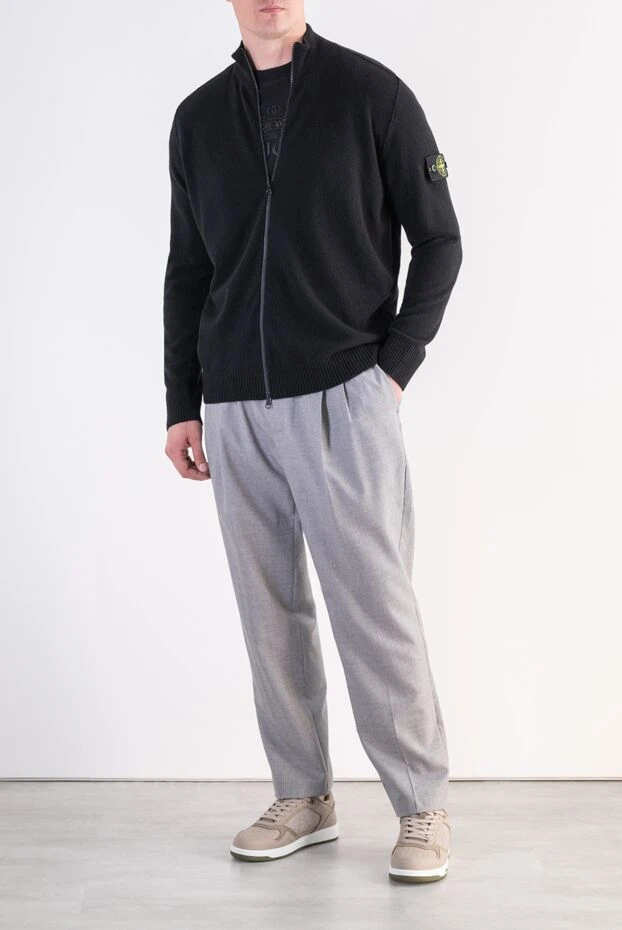 Stone Island men's knitted zip-up cardigan in ultra-fine black virgin wool 197884 - photo 2