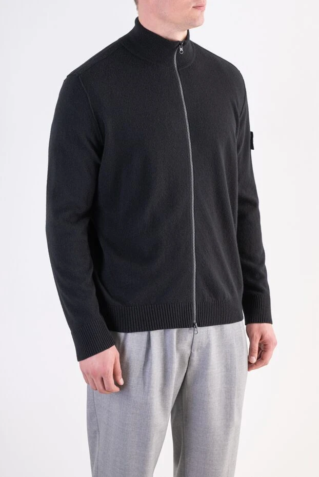 Stone Island men's knitted zip-up cardigan in ultra-fine black virgin wool 197884 - photo 3