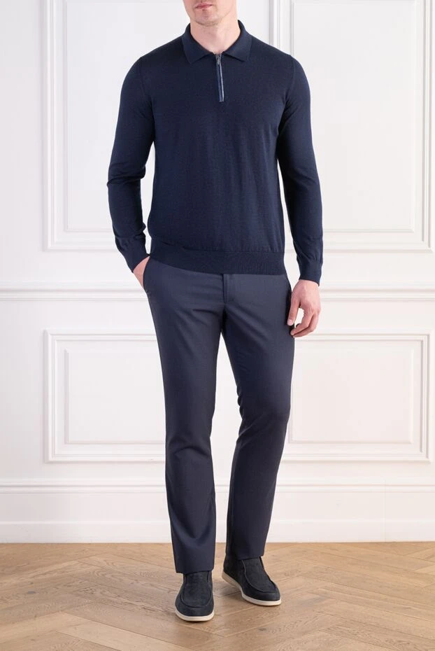 Zilli men's blue polo shirt made of cashmere and silk with crocodile leather trim 197929 - photo 2