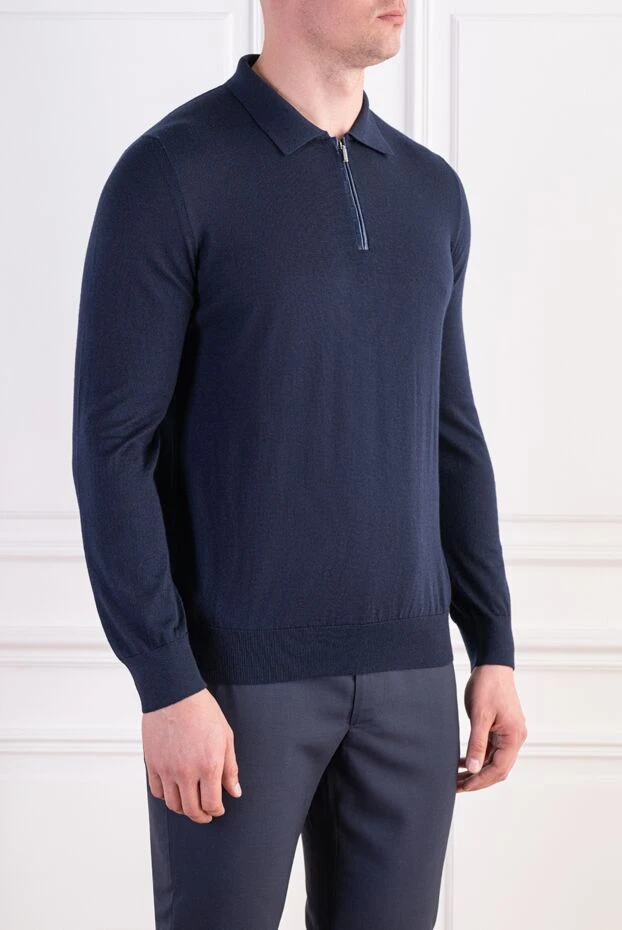 Zilli men's blue polo shirt made of cashmere and silk with crocodile leather trim 197929 - photo 3