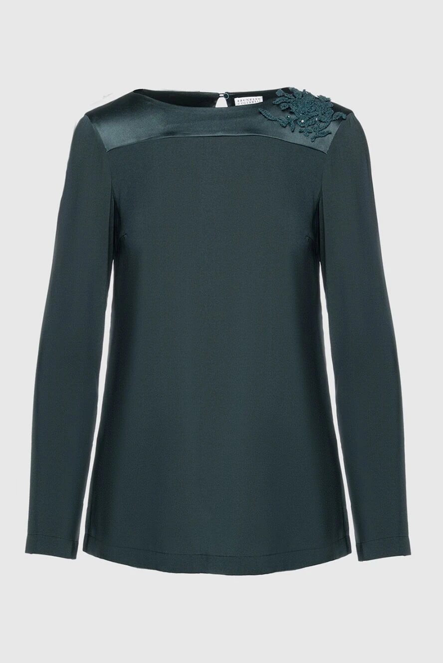 Brunello Cucinelli блуза женская с вязаным цветком и пайетками зеленая 132602 - фото 1