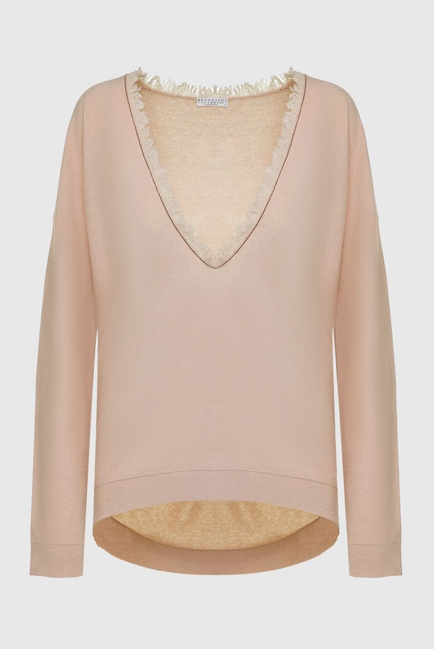 Brunello Cucinelli джемпер бежевий із кашеміру з ажурною вставкою 134161 - фото 1