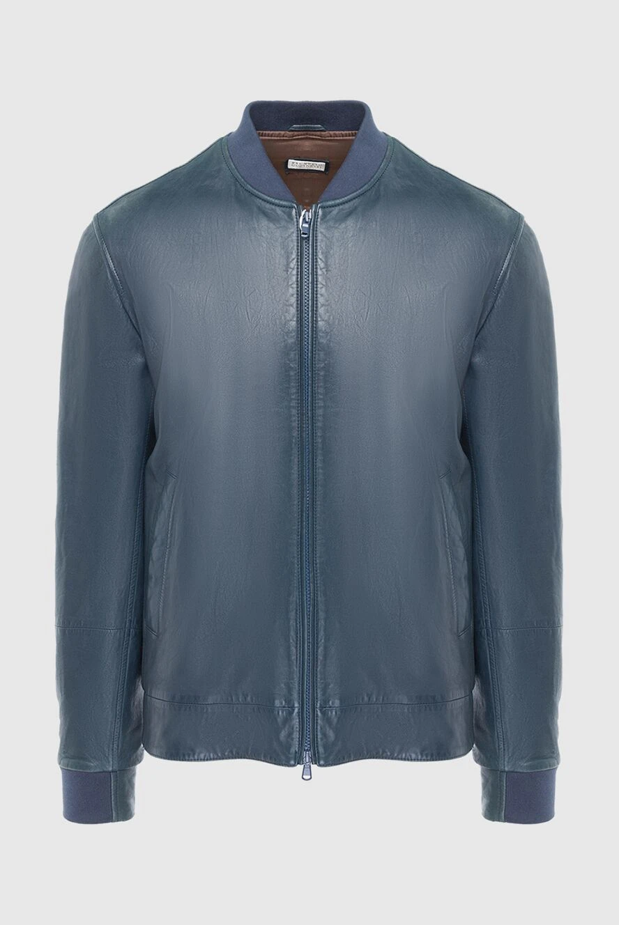 Brunello Cucinelli шкіряний бомбер синій із контрастними трикотажними манжетами 134687 - фото 1