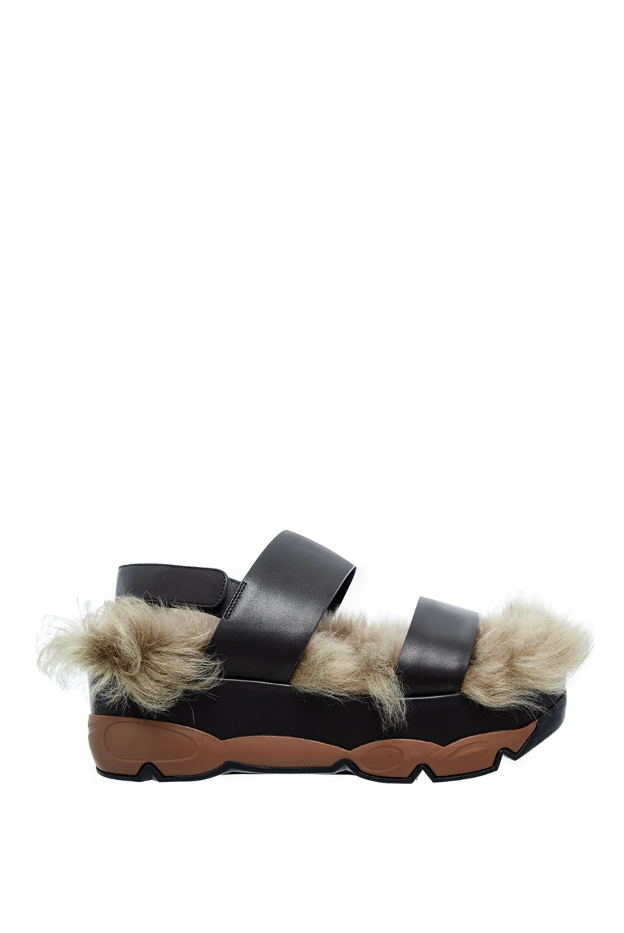 Brunello Cucinelli босоніжки жіночі чорні шкіряні з масивною підошвою та хутром 136582 - фото 1