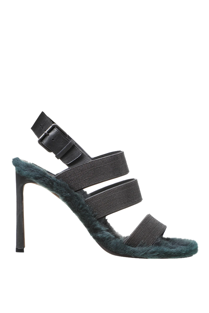 Brunello Cucinelli босоніжки жіночі сірі шкіряні з блискучими смужками та хутром 136590 - фото 1