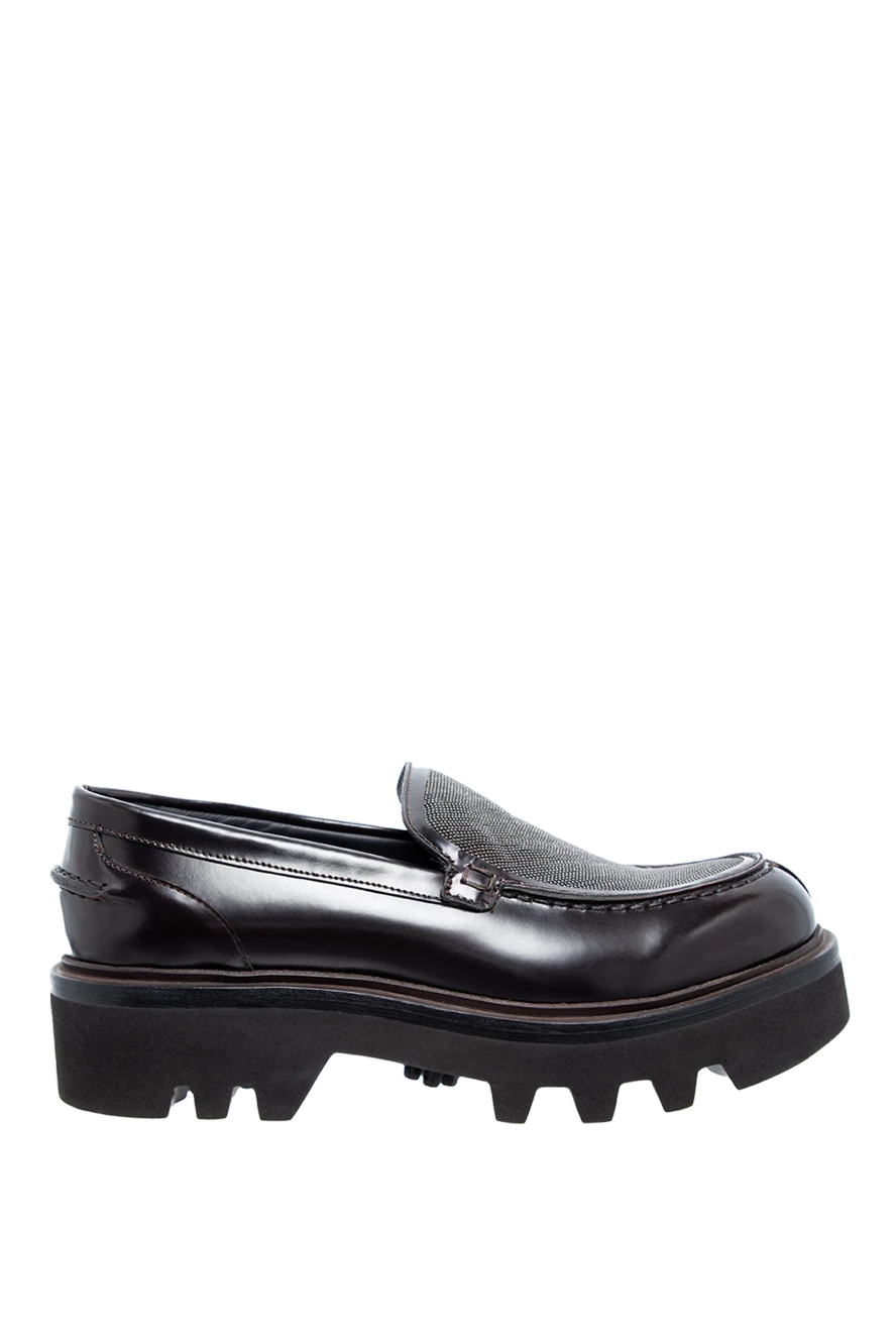 Brunello Cucinelli лоферы женские кожаные с блестящей серебряной вставкой коричневые 136622 - фото 1