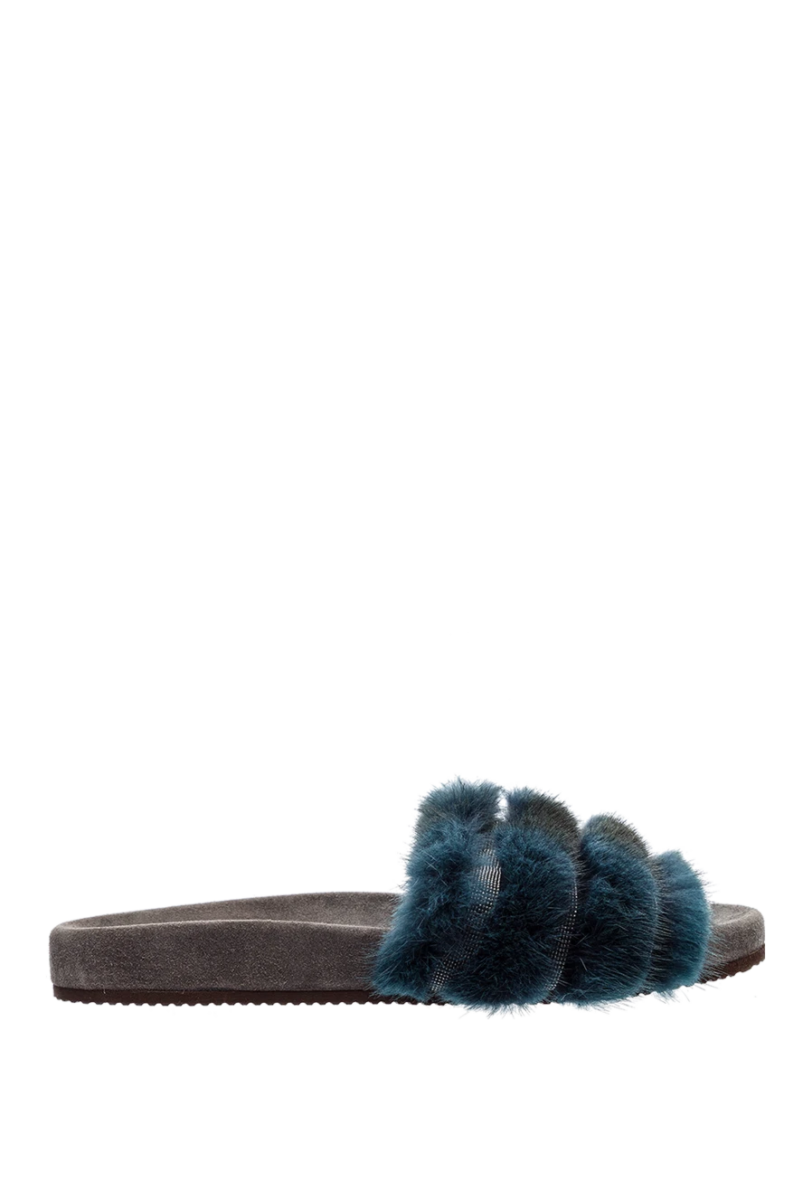 Brunello Cucinelli шльопанці жіночі шкіряні з хутром сині 136632 - фото 1