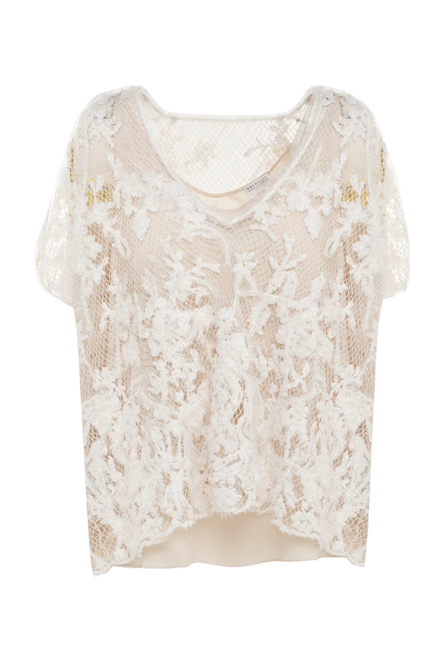 Brunello Cucinelli блуза жіноча з в'язаною аплікацією бежево-біла 138992 - фото 1