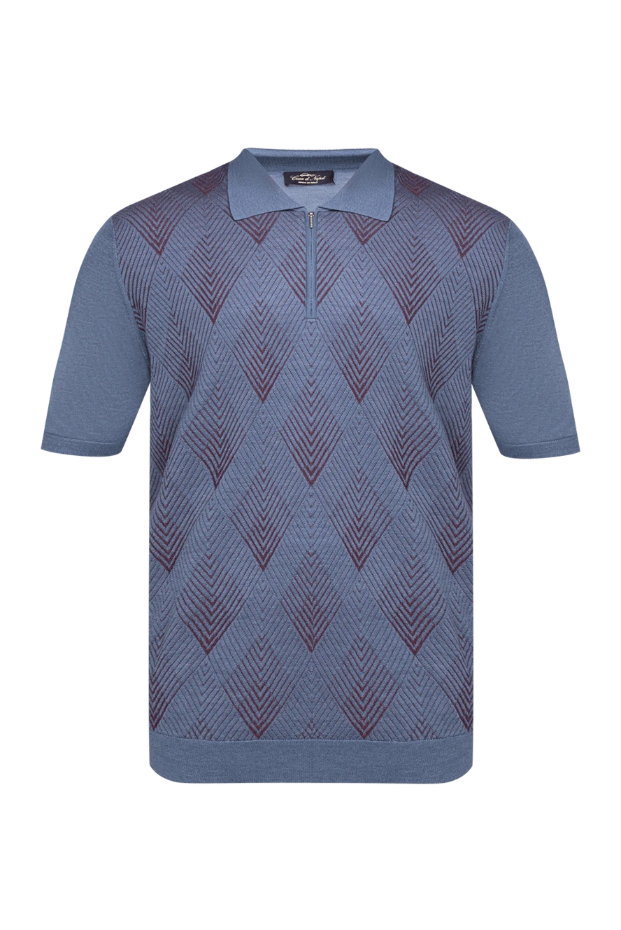 Cesare di Napoli blue silk polo shirt with a geometric pattern and a zipper 139669 - photo 1
