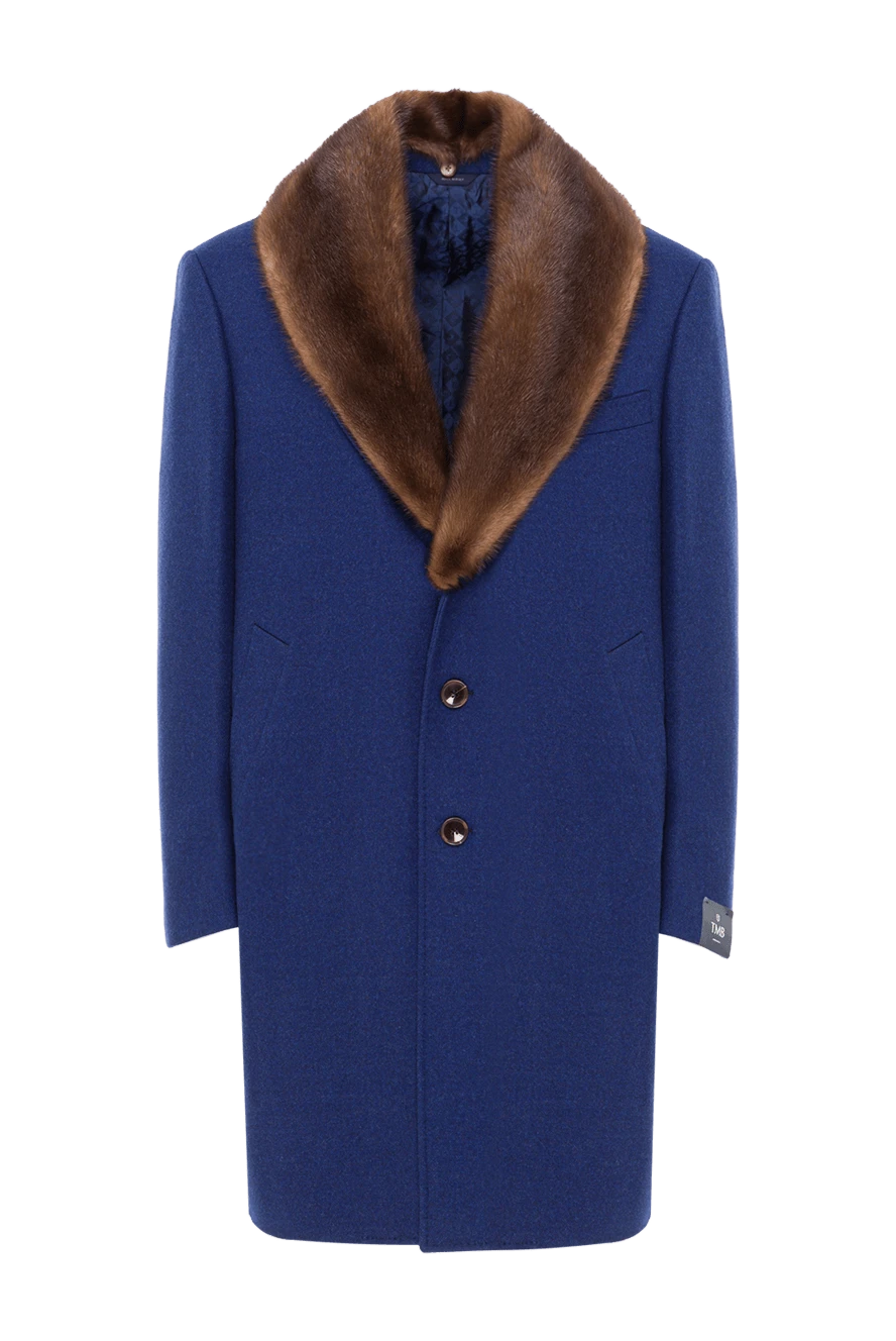 Tombolini men's blue wool chesterfield coat with a contrasting fur shawl collar 142775 - photo 1