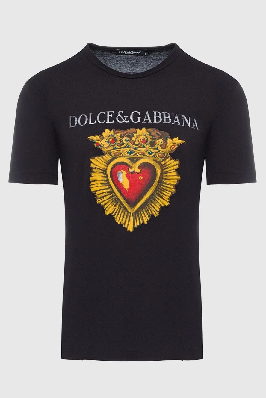 Dolce & Gabbana чёрная футболка из хлопка с коронованным сердцем и брендовым принтом 195472 - фото 1