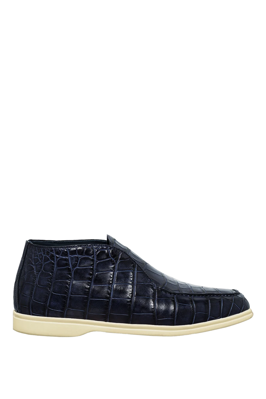 Cesare di Napoli лофери з високим верхом зі шкіри крокодила сині на хутрі чоловічі 160880 - фото 1