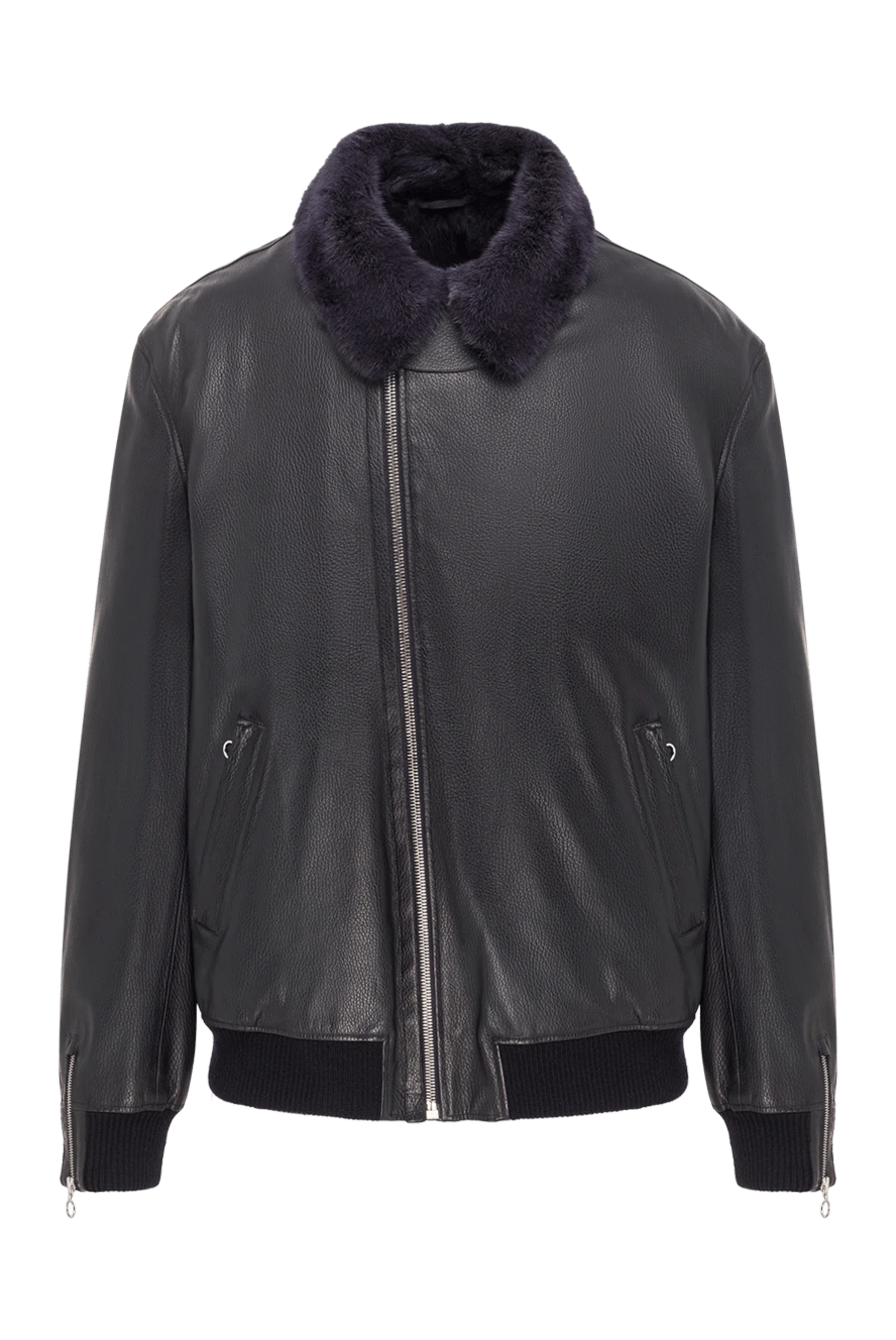 Seraphin куртка-бомбер синяя кожаная на меху с отложным воротником мужская 162463 - фото 1