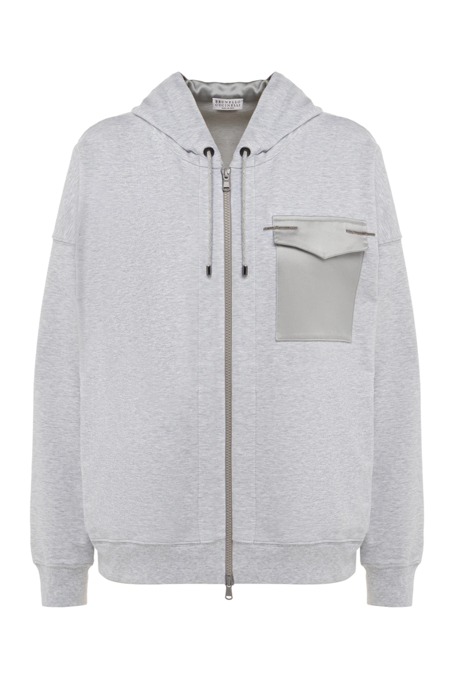 Brunello Cucinelli світло-сірий кардиган з бавовни на блискавці з капюшоном 166314 - фото 1
