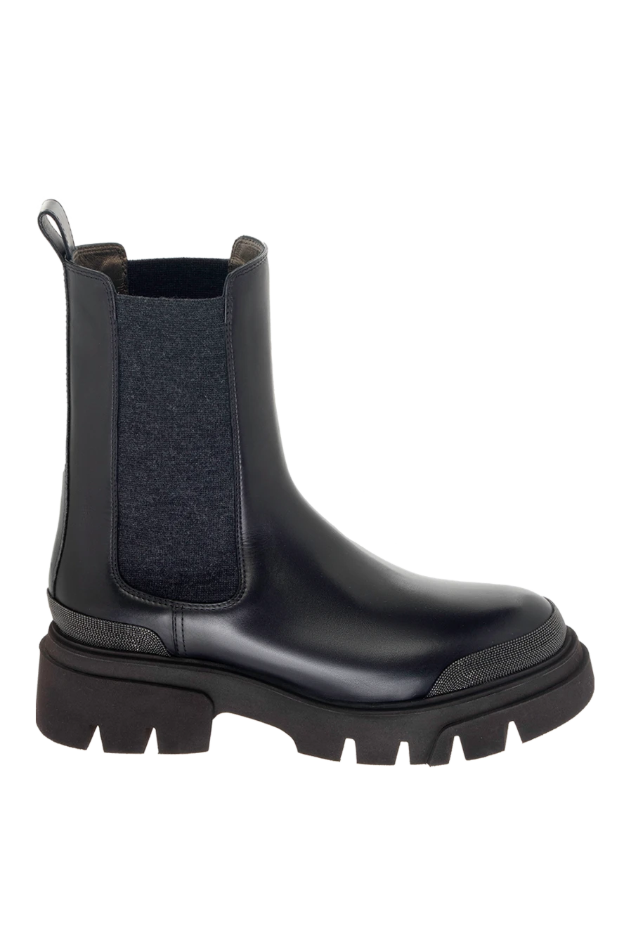 Brunello Cucinelli women's black leather boots with elastic inserts and rhinestones 170283 - photo 1