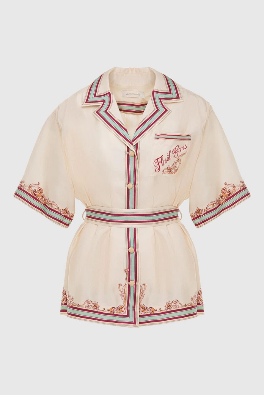 Zimmermann рубашка женская шелковая бежевая с поясом и цветочным принтом 174047 - фото 1