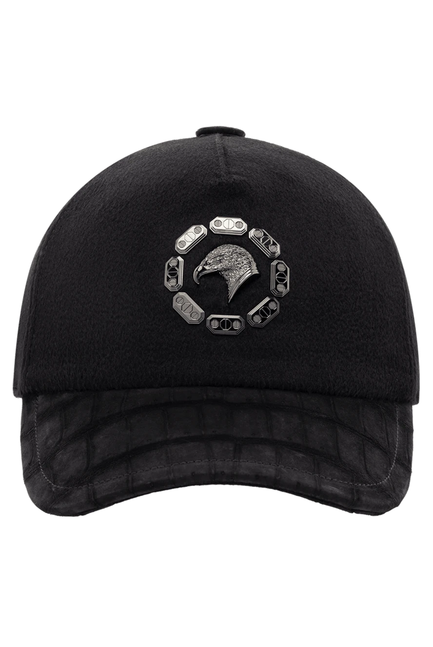 Moncler men's black cap with a round patch and text sewn on
