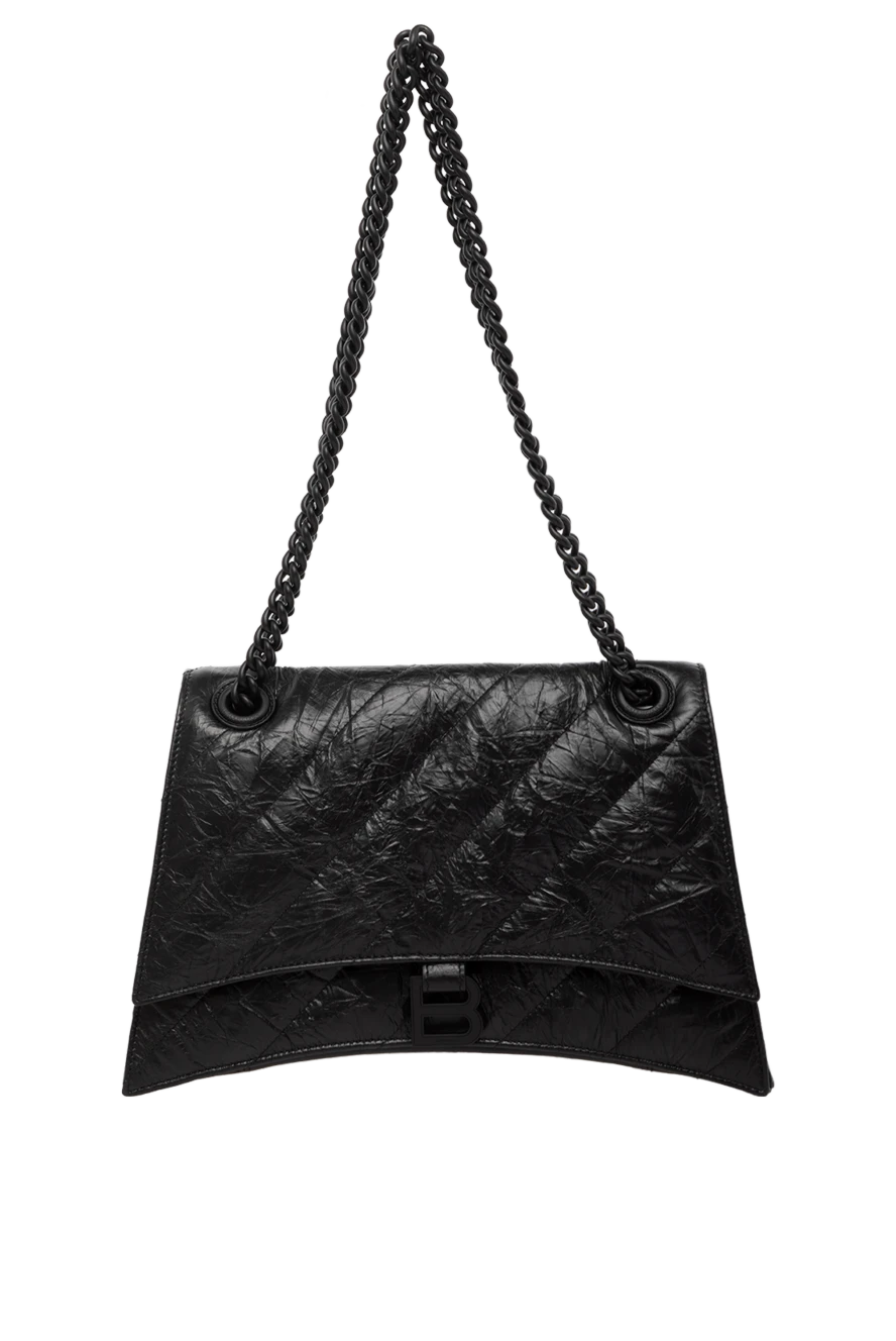 Women's black genuine leather bag with long chain