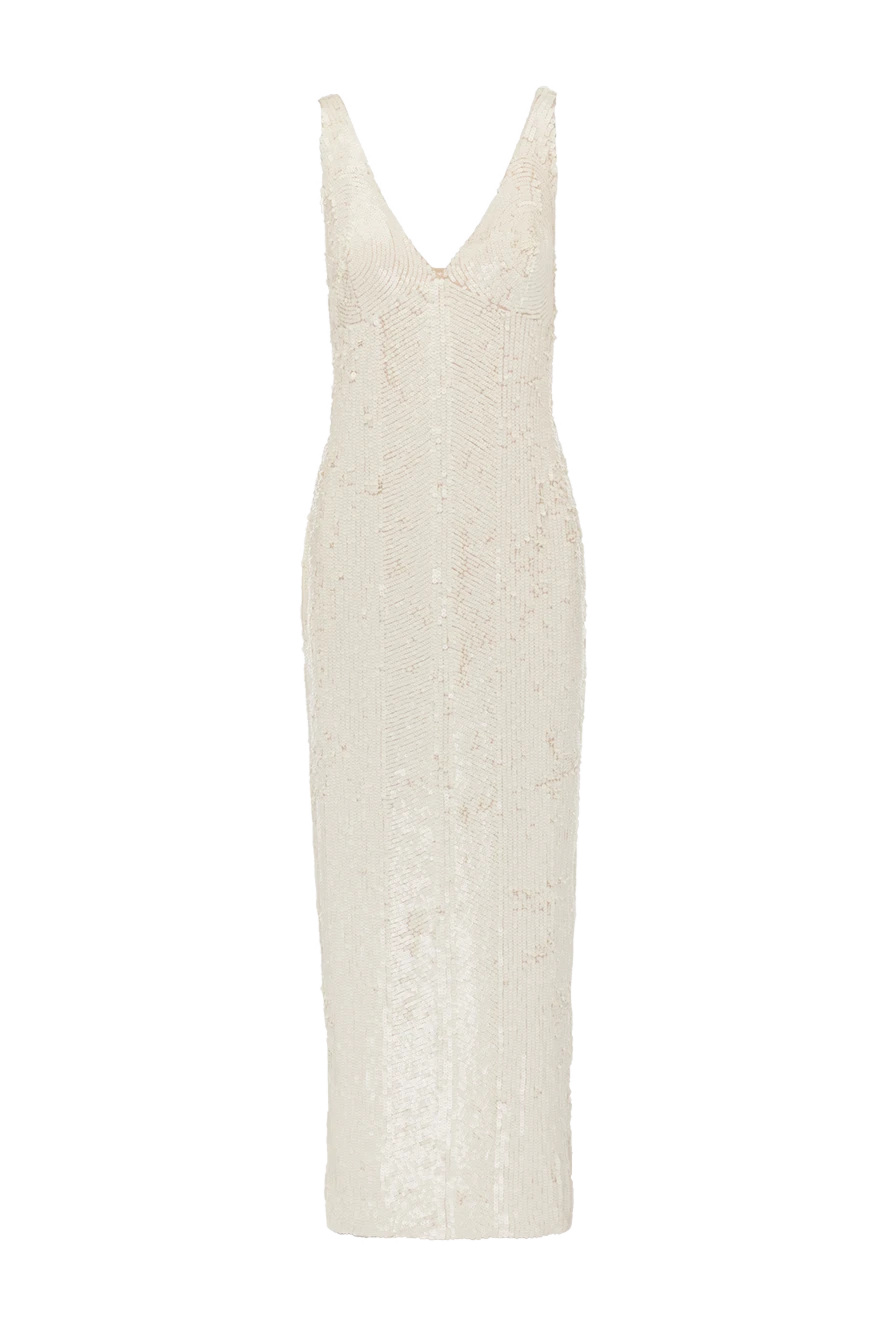 Beige polyamide and elastane maxi dress with sequins