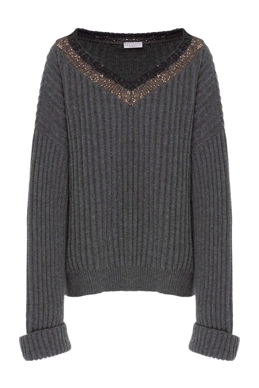 Brunello Cucinelli кашемировый джемпер в рубчик серый женский с широким воротом 181210 - фото 1